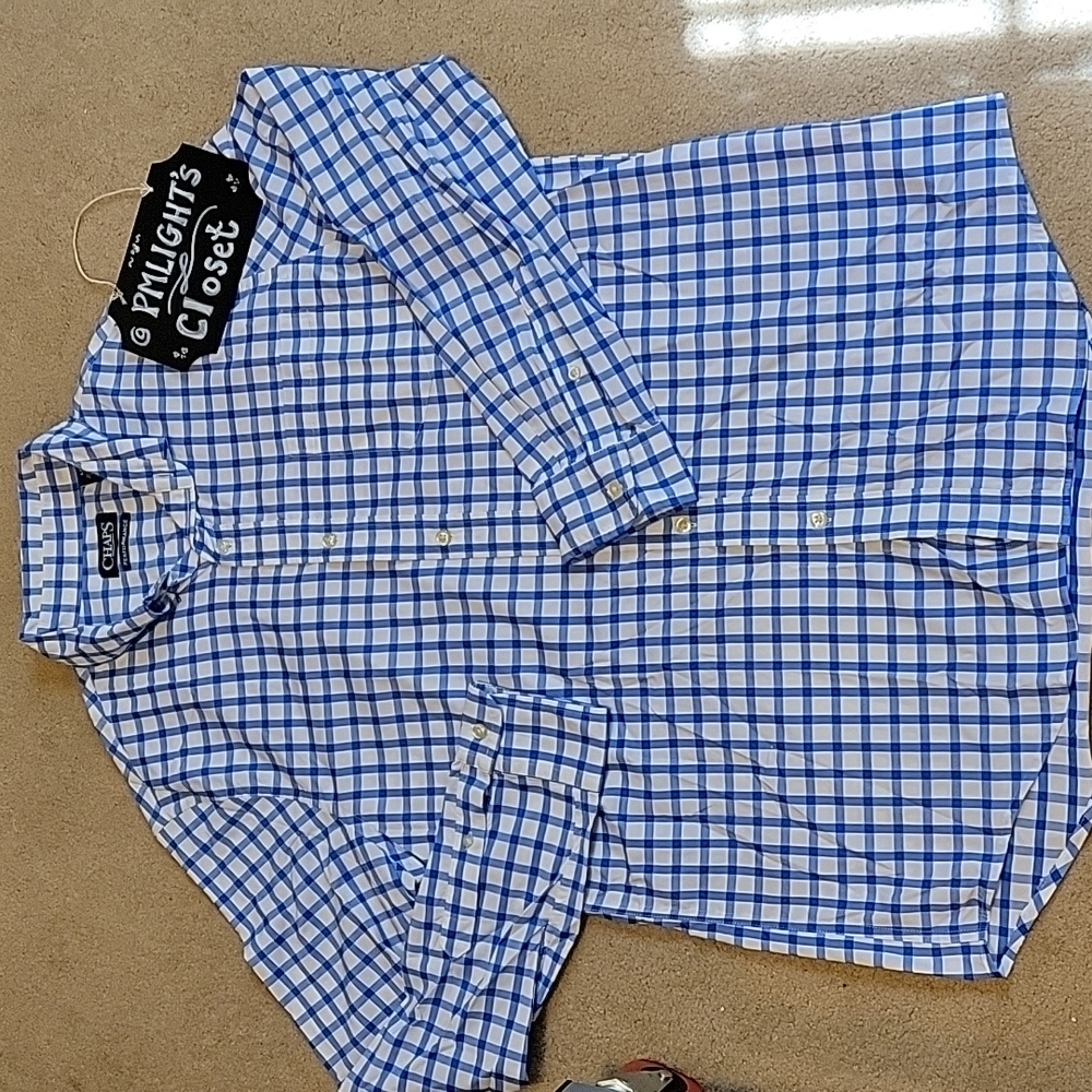 Chaps Performance Dress Shirt Large Blue and White Check Long Sleeve